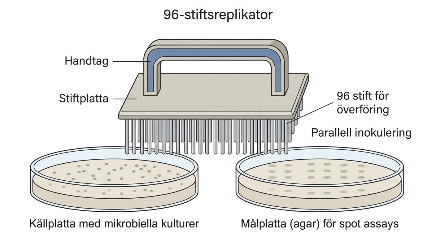 96-stiftsreplikator för parallell inokulering av mikrobiella kulturer