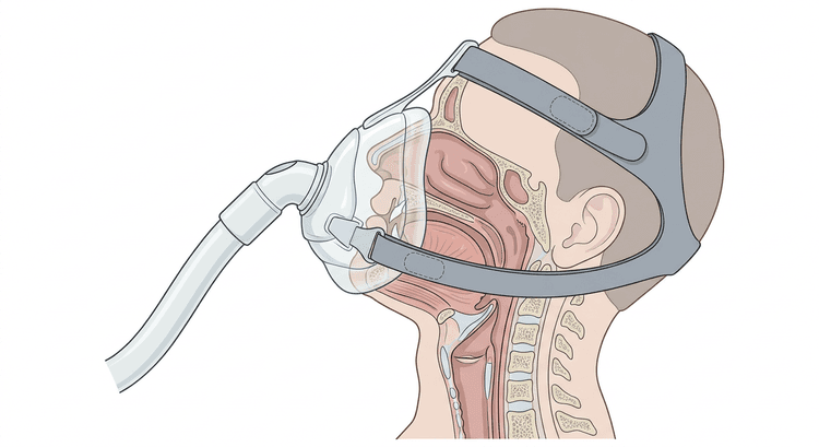 Sagittalsnitt genom huvud och hals med en tättslutande orofacial NIV-mask över näsa och mun, fasthållen av huvudband, och de övre luftvägarna synliga i genomskärning