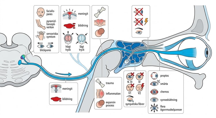 Schematisk sidoprojektion av nervus abducens förlopp från kärnan i kaudala pons till musculus rectus lateralis, med de anatomiska nivåer där nerven kan skadas och typiska ledsagande fynd.