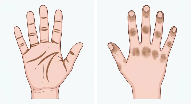 Höger hand sedd från handflatan med brunpigmenterade böjfåror och från handryggen med brun pigmentering över knogarna och kring nagelbanden.