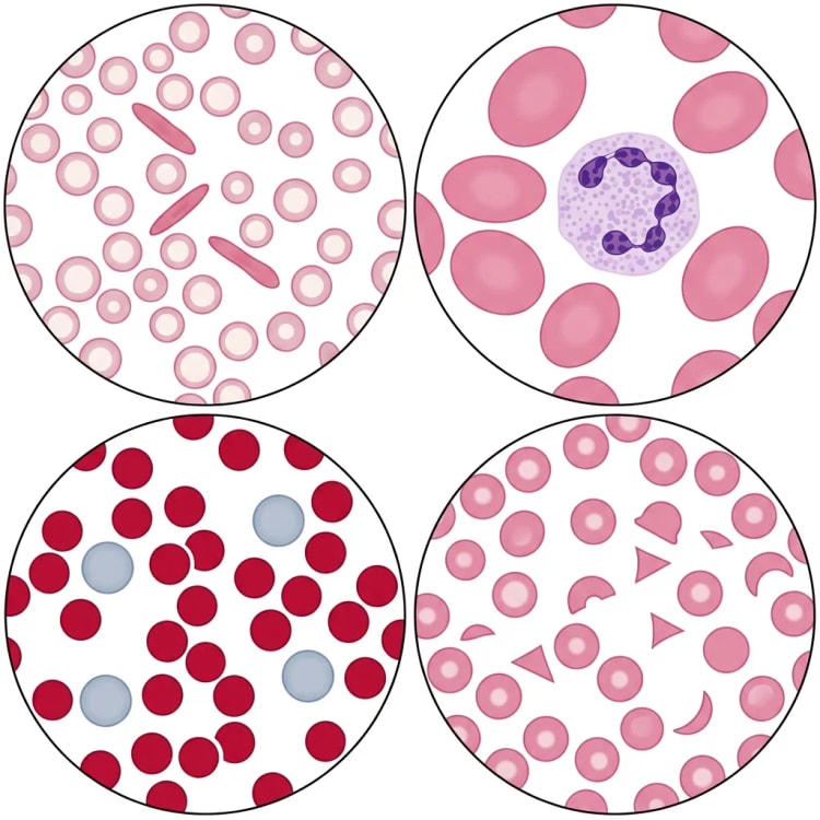 Fyra mikroskopiska blodutstryk: hypokroma mikrocyter med pennceller, makroovalocyter med hypersegmenterad neutrofil, sfärocyter med polykromatiska erytrocyter samt schistocyter bland normala erytrocyter.