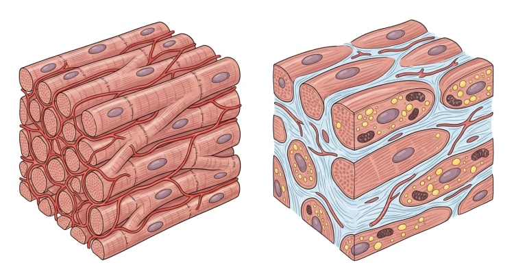Två vävnadsblock av vänsterkammarmyokard sida vid sida: friskt myokard med täta, parallella kardiomyocyter och rikligt kapillärnät, och diabetiskt myokard med förtjockade kardiomyocyter, lipiddroppar, skadade mitokondrier, interstitiell kollagenväv och färre kapillärer.