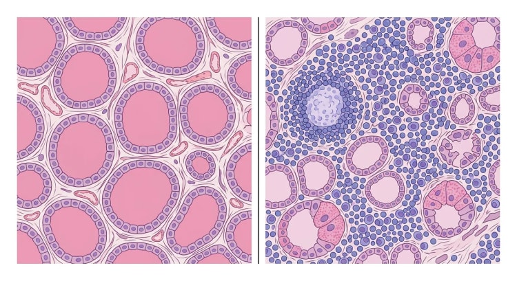 Illustration av normal sköldkörtelvävnad bredvid vävnad vid Hashimotos tyreoidit med tät lymfocytinfiltration och få, små folliklar.