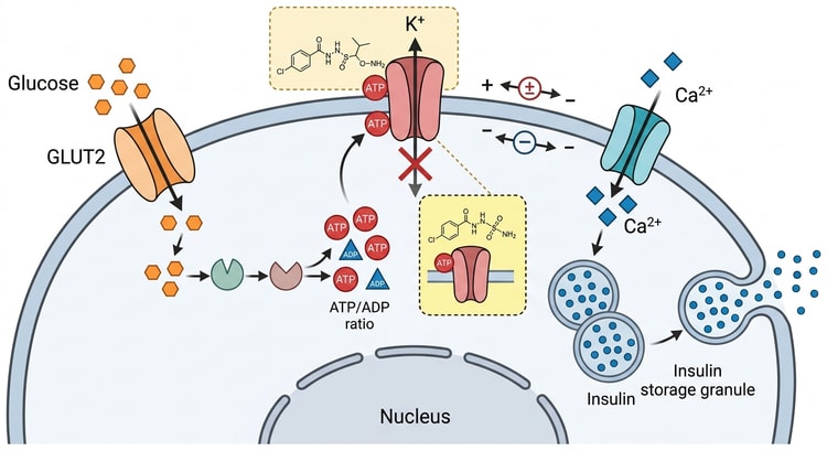 Schematiskt tvärsnitt av en betacell i pankreas. Glukos tas upp via GLUT2-transportören och metaboliseras, ATP/ADP-kvoten stiger och den ATP-beroende kaliumkanalen stängs. Membranet depolariseras, spänningskänsliga kalciumkanaler öppnas och kalciuminflödet utlöser exocytos av insulingranula.