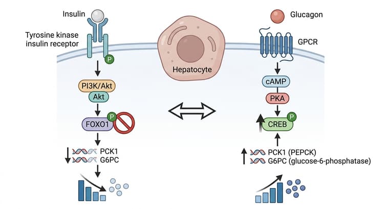 En schematisk hepatocyt i mitten. Till vänster visas insulinsignaleringen: insulin binder till insulireceptorn (en tyrosinkinasreceptor) på cellytan, pil in i cellen till PI3K/Akt,