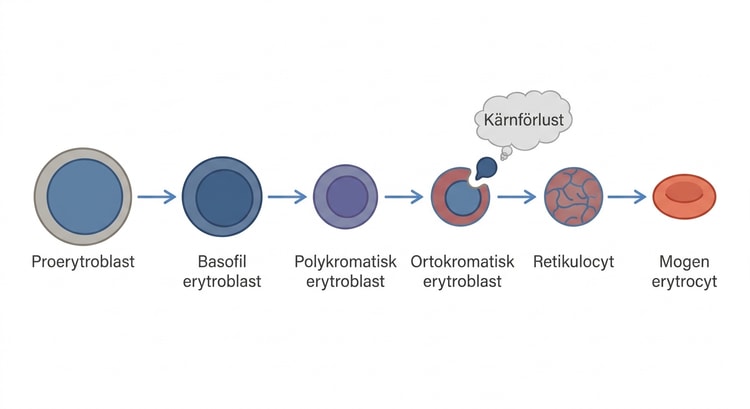 Erytropoesens steg från proerytroblast via erytroblaster och retikulocyt till mogen erytrocyt