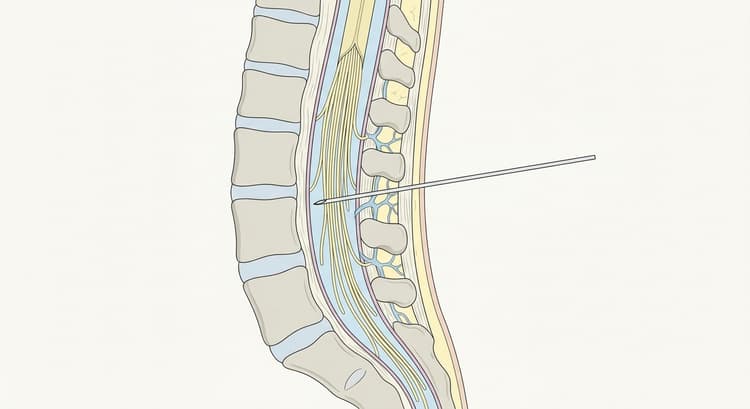 Sagittalsnitt genom ländryggen med spinalnålen införd mellan två spinalutskott och spetsen i likvorrummet bland cauda equinas rötter