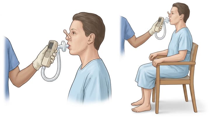 Patient sittande upprätt på stol med näsklämma och läpparna slutna runt spirometerns munstycke, samt närbild på munstycket