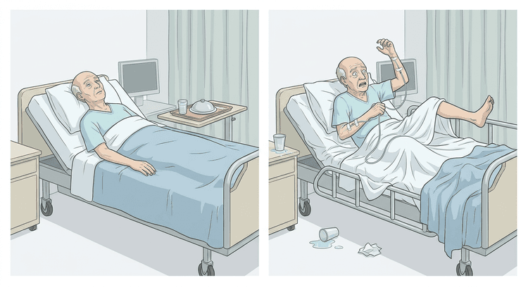 Två bilder av samma äldre patient i en sjukhussäng: till vänster ligger patienten stilla och apatisk med tom blick och orörd matbricka, till höger sitter samma patient uppsträckt och orolig, drar i sitt dropp och har benet över sängkanten