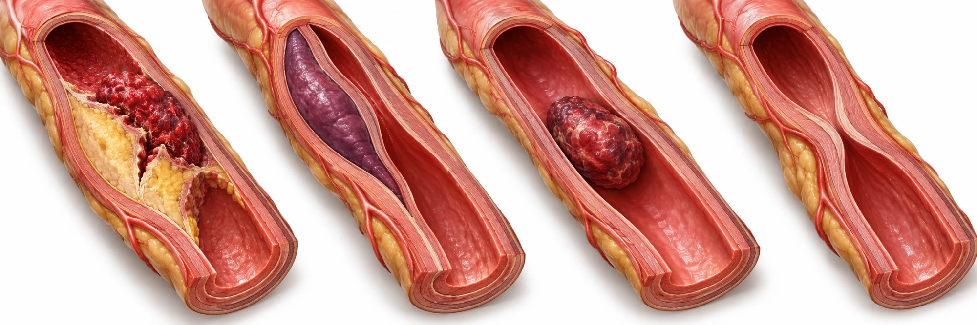 Exempel på akuta koronara mekanismer. Från vänster: plackruptur med trombos; intramuralt hematom vid spontan kranskärlsdissektion; koronar embolus; fokal vasospasm. Nyframställd konceptuell illustration, inte patientdata. Former och proportioner är schematiska.
