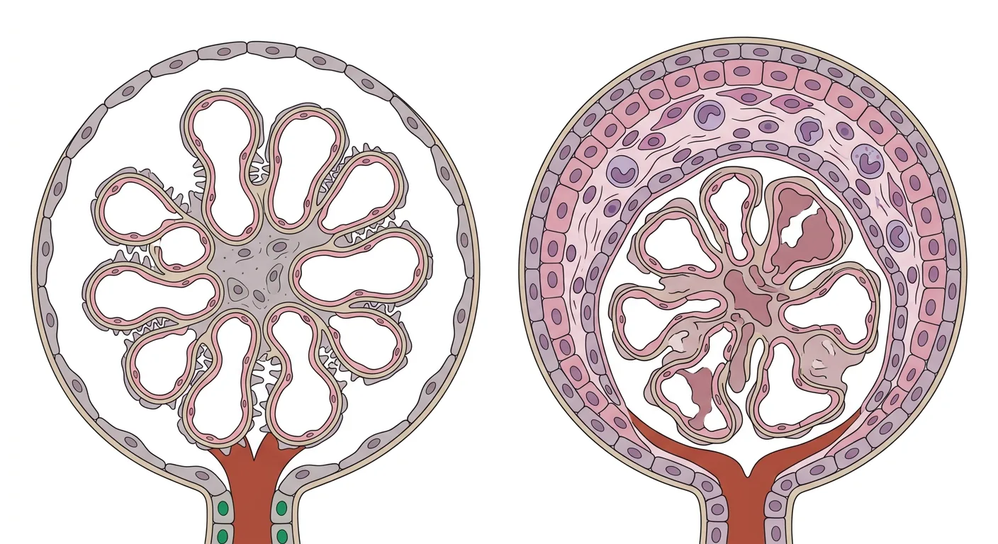 Två schematiska glomeruli: ett normalt och ett med cellulär halvmåne i Bowmans kapsel