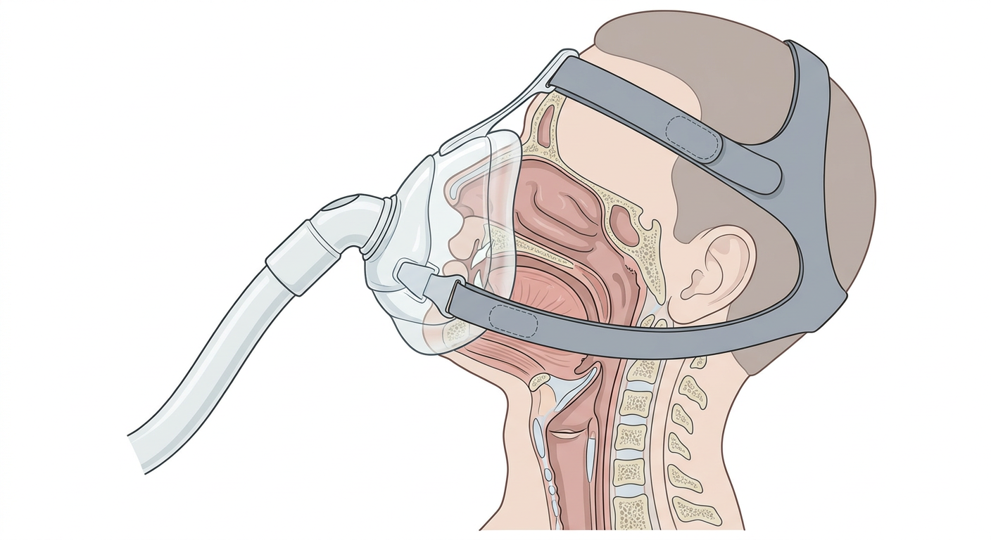 Patient med ansiktsmask för non-invasiv ventilation