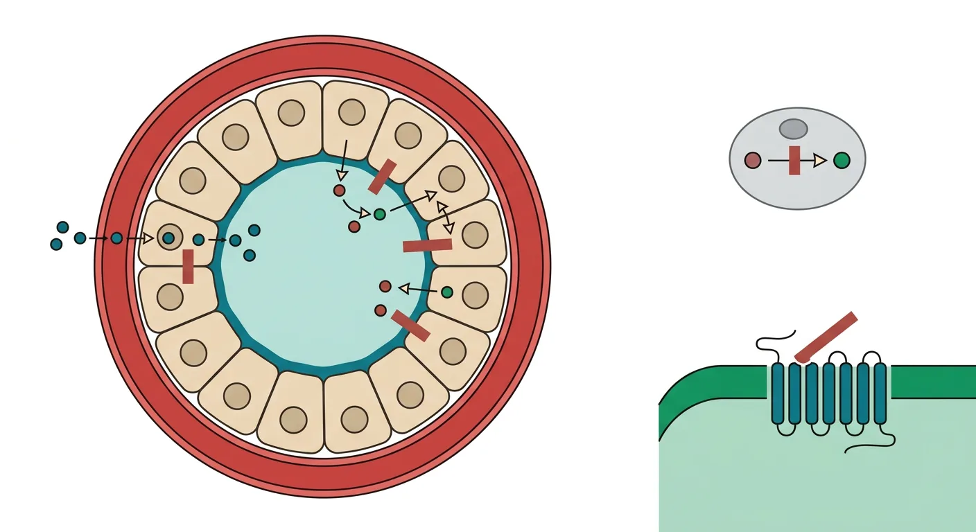 Schematisk tyreoideafollikel, en perifer cell och en hjärtmuskelcell där röda spärrar markerar var behandlingen angriper